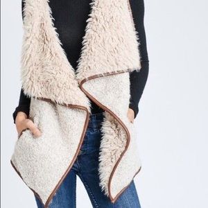 Tan Furry Wool Vest with Brown Leather Accents